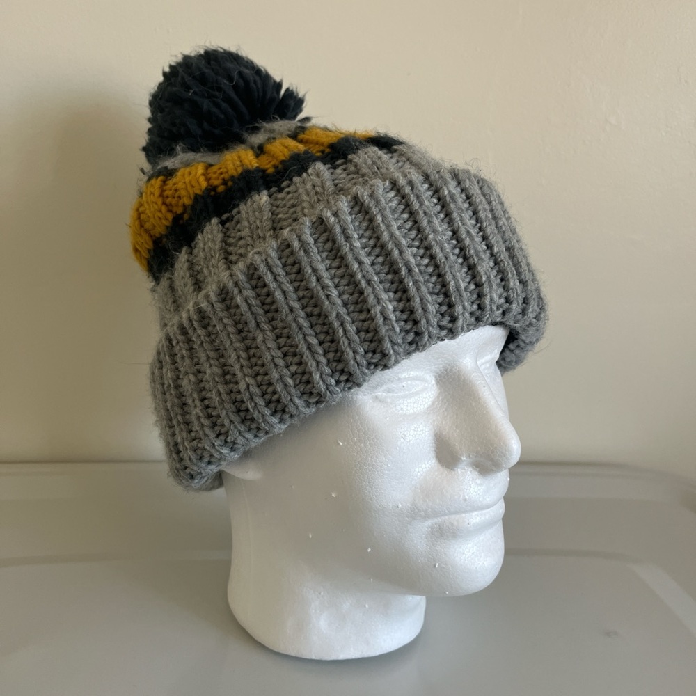 Gray and Yellow Knit Pom-Pom Beanie